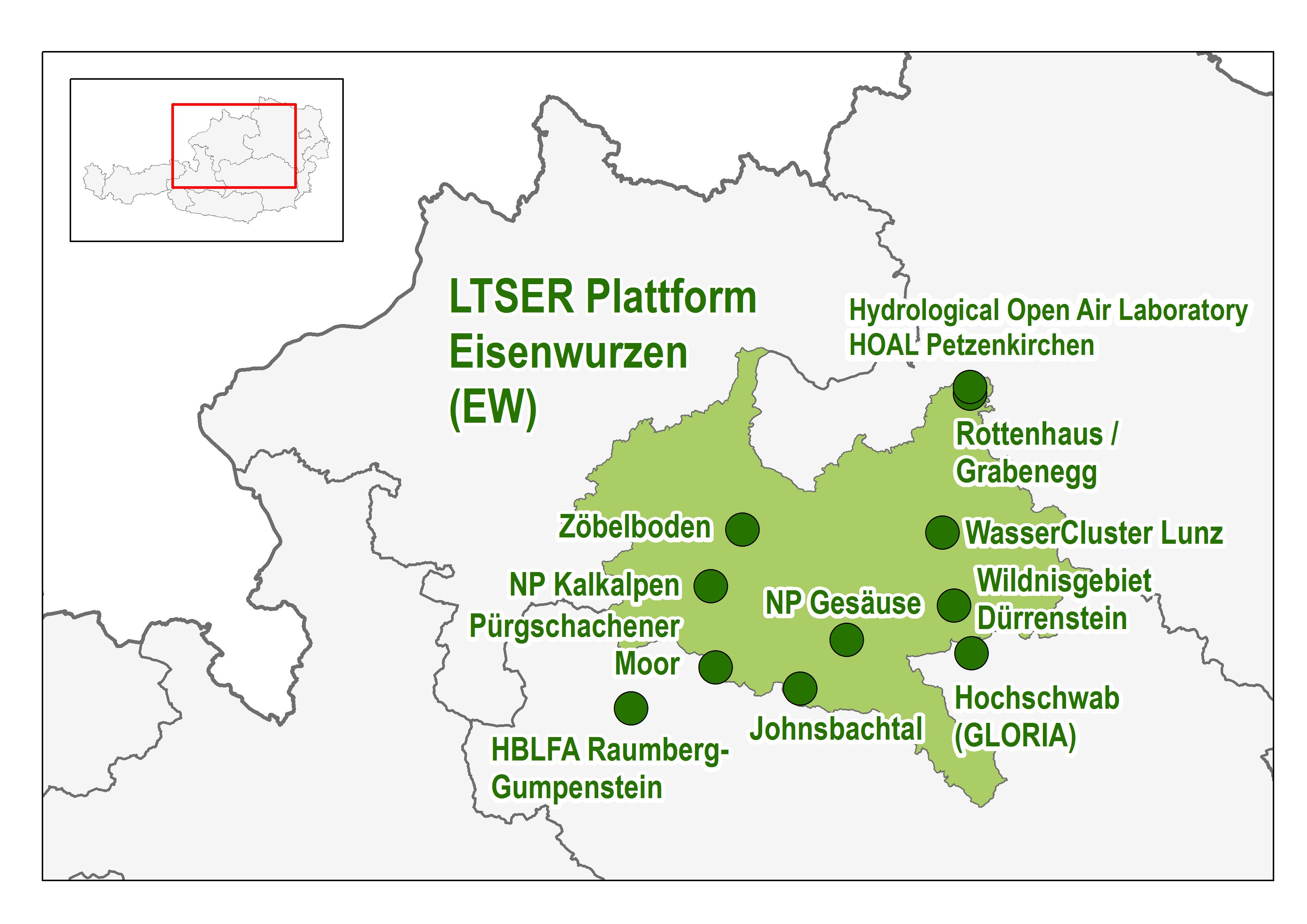 Die LTER Standorte in der LTSER Plattform Eisenwurzen © Umweltbundesamt Die LTER Standorte in der LTSER Plattform Eisenwurzen © Umweltbundesamt